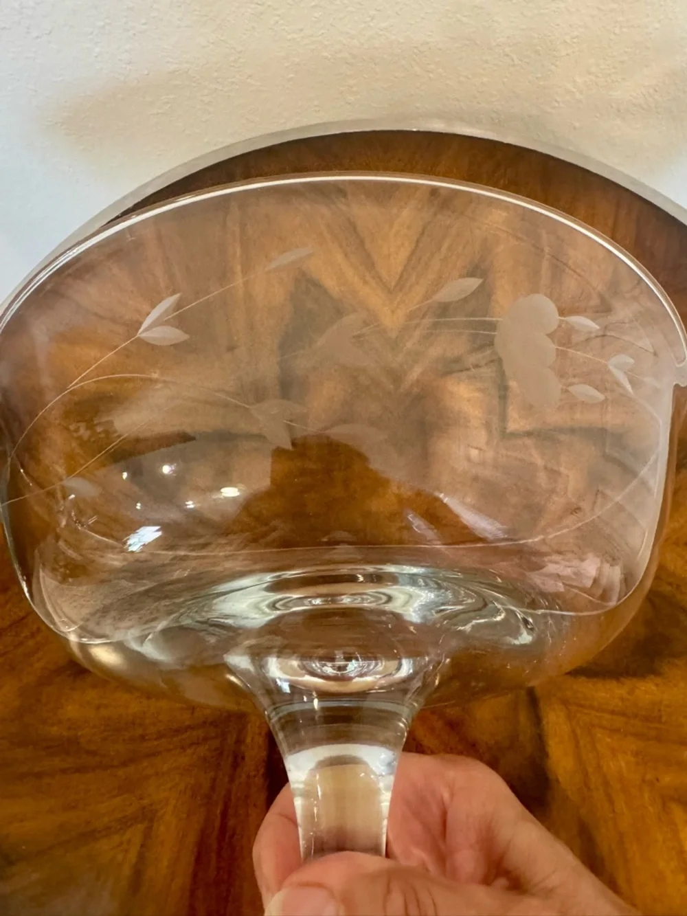 Princess House Heritage Clear Etched Glass Compote Bowl 9 5/8 X 7” Hand Blown